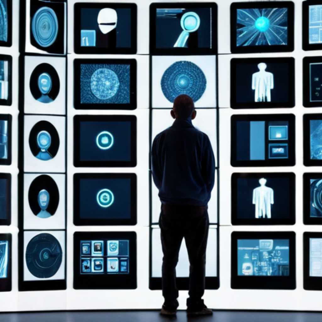 **Digital Identity Awareness**: Create an image depicting a person standing in front of a large digital screen filled with abstract representations of technology and human figures. The person is looking contemplative, symbolizing the struggle of understanding one's identity in the digital age.