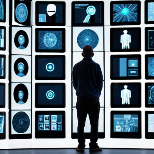 Home 16 **Digital Identity Awareness**: Create an image depicting a person standing in front of a large digital screen filled with abstract representations of technology and human figures. The person is looking contemplative, symbolizing the struggle of understanding one's identity in the digital age.