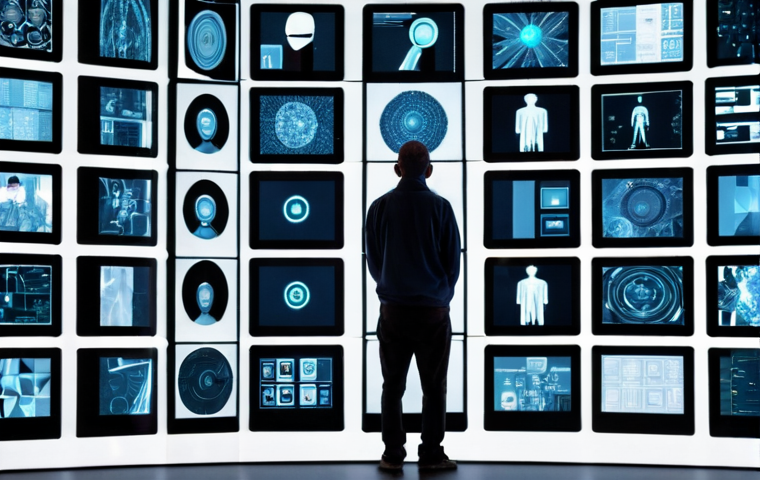 **Digital Identity Awareness**: Create an image depicting a person standing in front of a large digital screen filled with abstract representations of technology and human figures. The person is looking contemplative, symbolizing the struggle of understanding one's identity in the digital age.