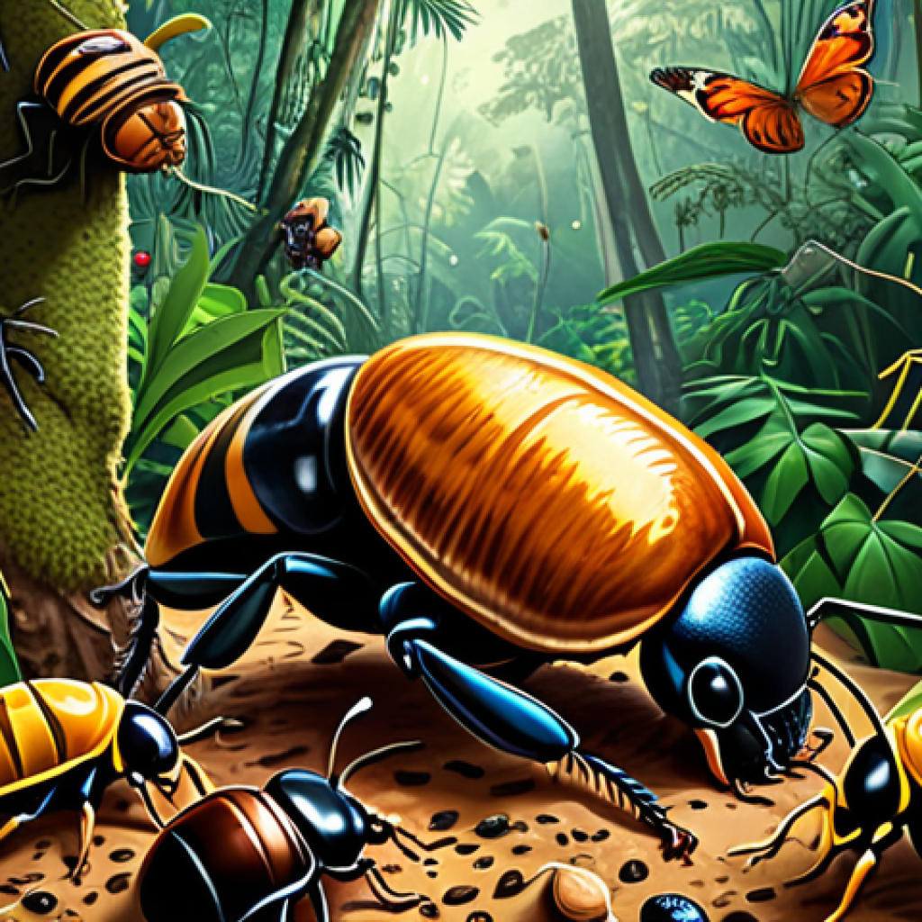 **A vibrant and detailed illustration of various insects (ants, dung beetles, honey bees, butterflies) working together in a lush Malaysian rainforest. The image should highlight their roles in the eco