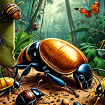 **A vibrant and detailed illustration of various insects (ants, dung beetles, honey bees, butterflies) working together in a lush Malaysian rainforest. The image should highlight their roles in the eco