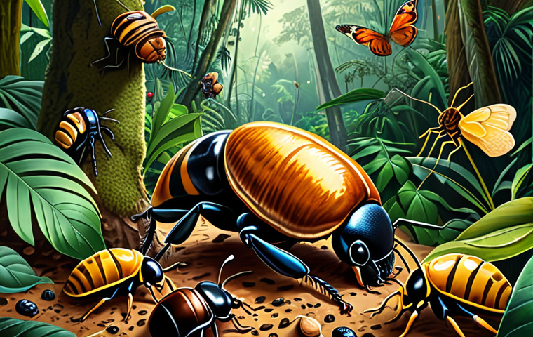 **A vibrant and detailed illustration of various insects (ants, dung beetles, honey bees, butterflies) working together in a lush Malaysian rainforest. The image should highlight their roles in the eco