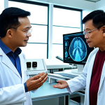 **

A futuristic gerontology lab in Malaysia. Dr. Azlan is explaining "senolytics" research to a visitor. Focus on advanced equipment and a hopeful, clean environment.

**