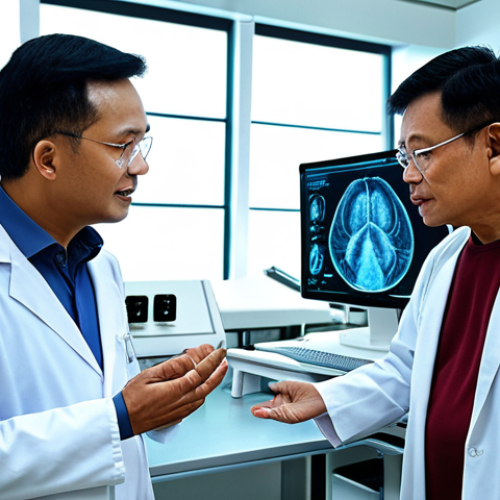 Home 8 **
A futuristic gerontology lab in Malaysia. Dr. Azlan is explaining "senolytics" research to a visitor. Focus on advanced equipment and a hopeful, clean environment.
**