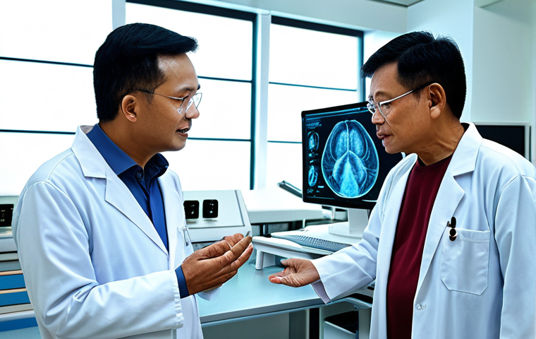 **
A futuristic gerontology lab in Malaysia. Dr. Azlan is explaining "senolytics" research to a visitor. Focus on advanced equipment and a hopeful, clean environment.
**