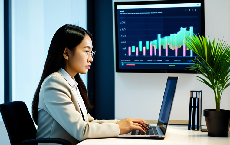 A professional Malaysian woman in modest business attire, late 20s, sitting at a sleek desk in a modern, softly lit office. One hand is near a glowing laptop screen displaying abstract digital data, while the other touches a small potted plant, symbolizing the balance between digital and physical realms. Her expression is thoughtful and poised. The background shows soft, blurred modern office elements. fully clothed, modest clothing, appropriate attire, professional dress, safe for work, appropriate content, perfect anatomy, correct proportions, natural pose, well-formed hands, proper finger count, natural body proportions, professional photography, high quality, family-friendly.