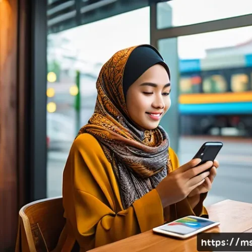 Home 32 포스트휴머니즘과 기술의 관계 - A modern Malaysian woman using a smartphone and wearing modest contemporary attire, sitting in a coz...