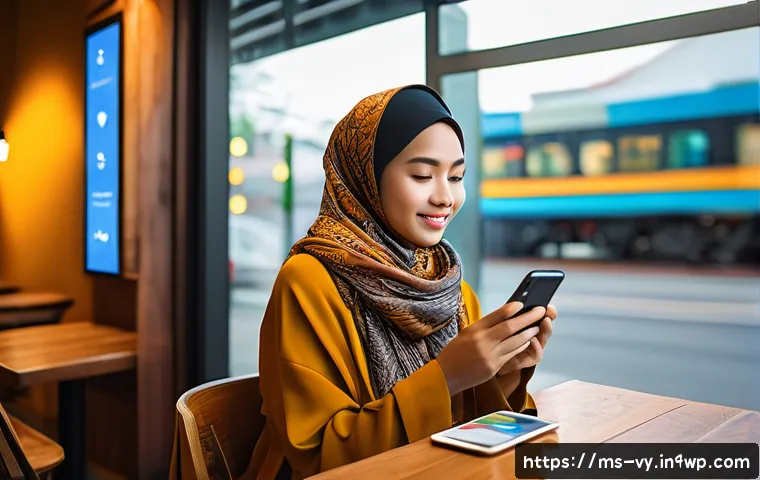 포스트휴머니즘과 기술의 관계 - A modern Malaysian woman using a smartphone and wearing modest contemporary attire, sitting in a coz...