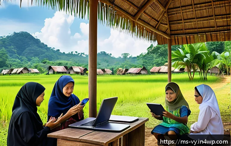 포스트휴머니즘과 부의 분배 문제 - A vibrant rural Malaysian village scene showcasing diverse community members of various ages engagin...