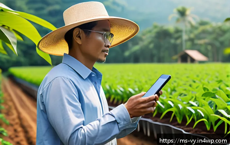 포스트휴머니즘의 시스템적 시점 - A futuristic Malaysian farmer using advanced smart agriculture technology in a lush tropical farm se...