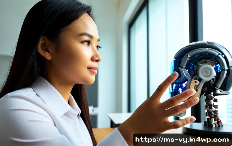 포스트휴머니즘과 기술 발전의 윤리 - Photorealistic ethical posthumanism concept in a modern Kuala Lumpur research studio, a Malaysian Ma...